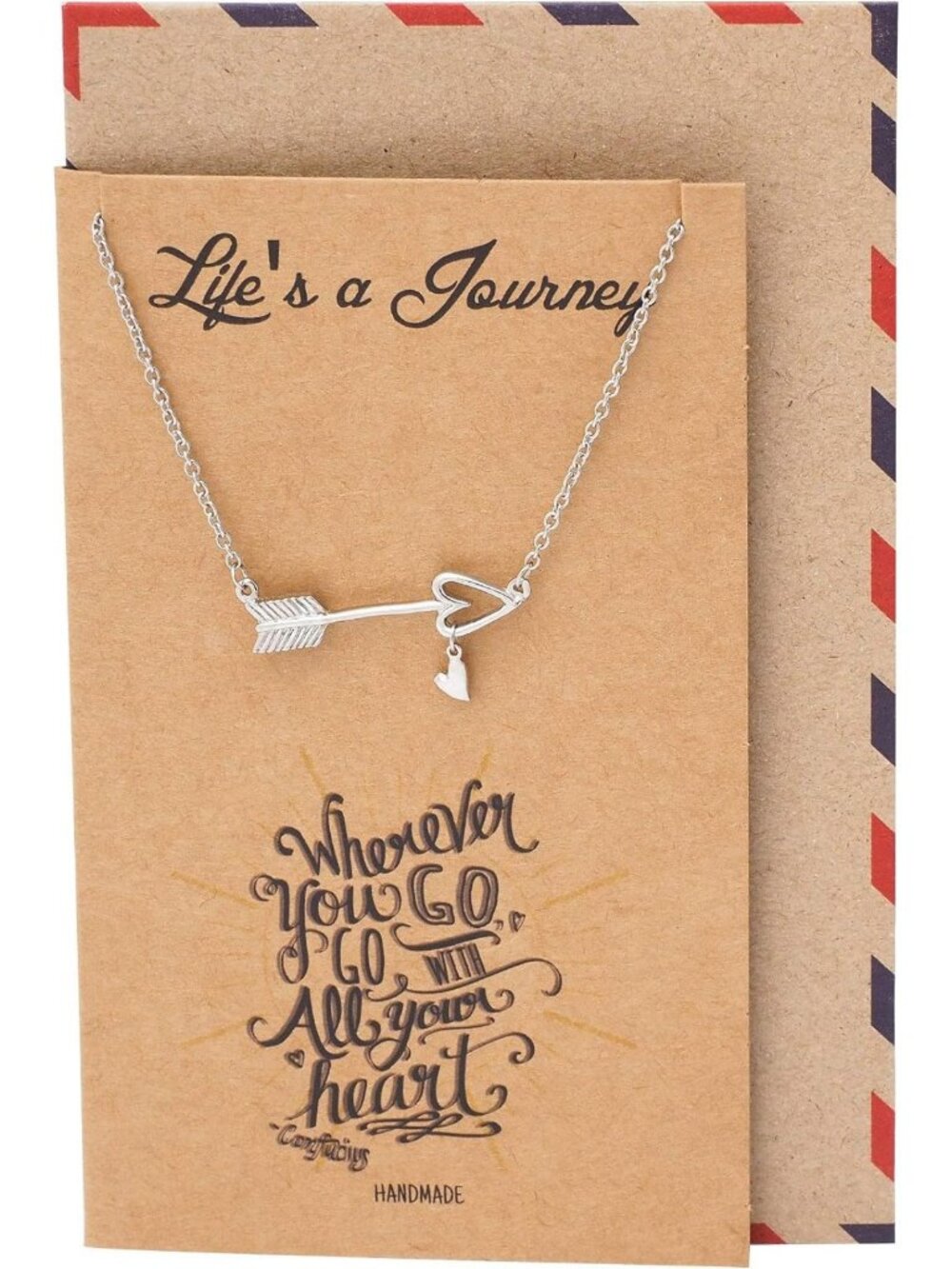 Arrow Necklace with Heart Charm, Adjustable 16-18", Inspirational Graduation